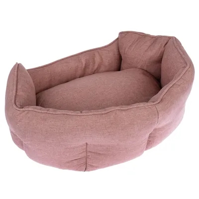 Ovales Haustierbett in rosa Stoff, gepolstert mit erhöhten Seiten für Komfort.