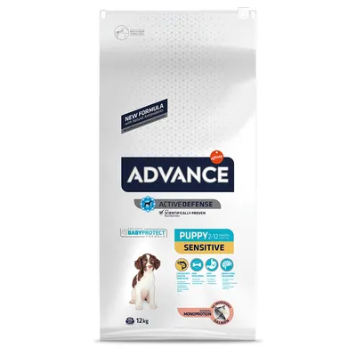 Vreća Advance Active Defense Puppy Sensitive 2–12 mjeseci, monoprotein losos, 12 kg. Vidljiv pas štene i oznake: BabyProtect formula, new formula, znanstveno dokazano.