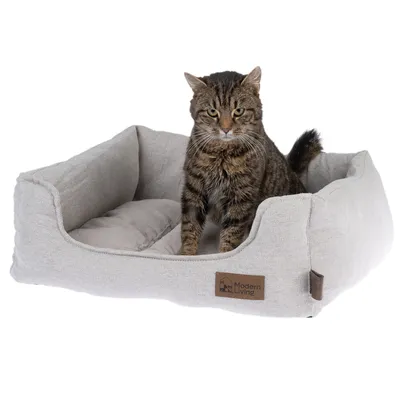 Katzenbett aus beigem Stoff mit erhöhtem Rand und Logo 'Modern Living', Katze sitzt darin.