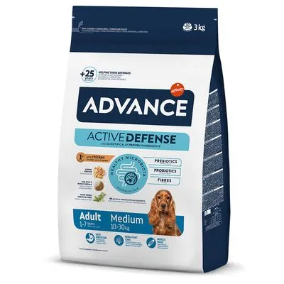 ADVANCE Active Defense hondenvoer, 3 kg zak. Adult 1–7 jaar, Medium 10–30 kg. Met kip, prebiotica, probiotica, vezels. Healthy Microbiota. Belangrijkste claims en productinformatie zichtbaar.