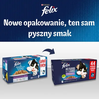 Porównanie dwóch opakowań karmy Purina Felix As Good As It Looks; napis: Nowe opakowanie, ten sam pyszny smak. Po lewej stare opakowanie, po prawej nowe z oznaczeniem 44 Pouch Jumbo Pack.