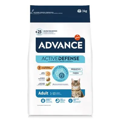 ADVANCE Active Defense kattenvoer, 3 kg, Adult 1–10 years, met kip, prebiotica, vezels, afbeelding kat op verpakking. Zichtbare tekst: +25 years, healthy microbiota.