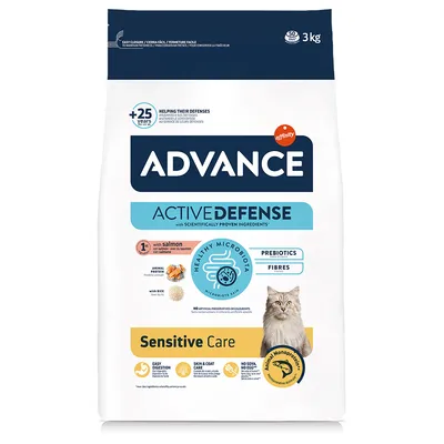 Advance Sensitive Care Katzenfutter mit Lachs und Reis, Active Defense Formel, Präbiotika, ohne künstliche Konservierungsstoffe, leicht verdaulich, Haut- und Fellpflege, 3 kg Packung.