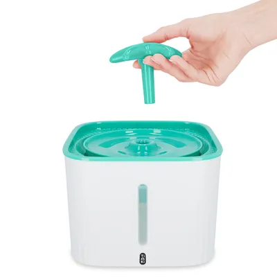 Hand zeigt abnehmbares grünes Element eines weissen Trinkbrunnens mit Wasserstandsanzeige.