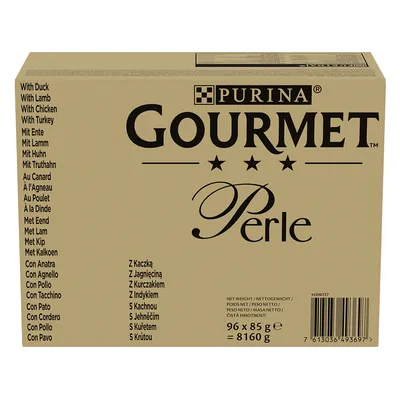 Purina Gourmet Perle, 96 x 85 г, общий вес 8160 г. Разные вкусы: утка, ягненок, курица, индейка. Упаковка с многоязычным списком ингредиентов.