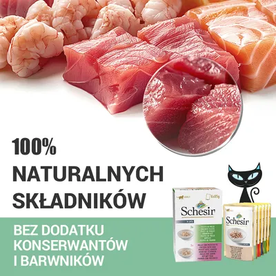 Schesir. 100% naturalnych składników. Bez dodatku konserwantów i barwników. Opakowania karmy, kawałki ryby i krewetki widoczne na zdjęciu.
