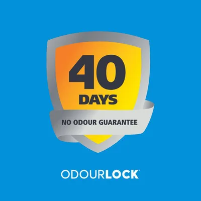 40 DAYS NO ODOUR GUARANTEE, ODOURLOCK. Tekst in het Engels zichtbaar op een schild en lint, verwijzend naar geurvrij garantie voor 40 dagen.