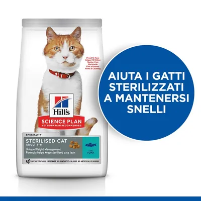 Hill's Science Plan Sterilised Cat Adult 1–6 con tonno. Testo visibile: 'Aiuta i gatti sterilizzati a mantenersi snelli'.