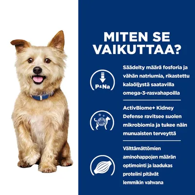 Miten se vaikuttaa? Säädelty määrä fosforia ja natriumia, omega-3 kalaöljystä, ActivBiome+ Kidney Defense tukee suoliston mikrobiomia, optimoitu aminohappomäärä ja laadukas proteiini.