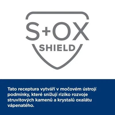 S+OX SHIELD. Tato receptura vytváří v močovém ústrojí podmínky, které snižují riziko rozvoje struvitových kamenů a krystalů oxalátu vápenatého.