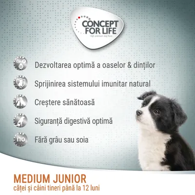 Concept for Life. Dezvoltarea optimă a oaselor și dinților, sprijinirea sistemului imunitar natural, creștere sănătoasă, siguranță digestivă optimă, fără grâu sau soia. Medium Junior: căței și câini tineri până la 12 luni.