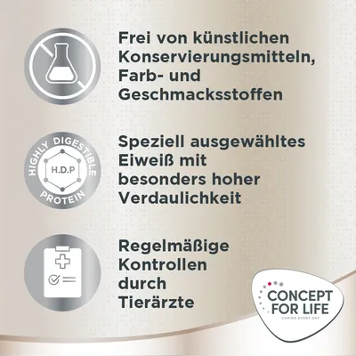 Frei von künstlichen Konservierungsmitteln, Farb- und Geschmacksstoffen. Speziell ausgewähltes Eiweiß mit hoher Verdaulichkeit. Regelmäßige Kontrollen durch Tierärzte. Concept for Life.