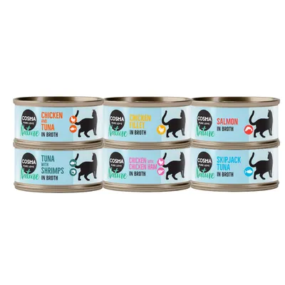 6 dåser Cosma Nature kattemad: Chicken and Tuna in Broth, Chicken Fillet in Broth, Salmon in Broth, Tuna with Shrimps in Broth, Chicken with Chicken Ham in Broth, Skipjack Tuna in Broth.
