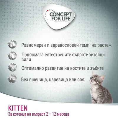 Concept for Life. Равномерен и здравословен темп на растеж, подпомага естествените съпротивителни сили, оптимално развитие на костите и зъбите, без пшеница, царевица или соя. Kitten за котенца 2–12 месеца.