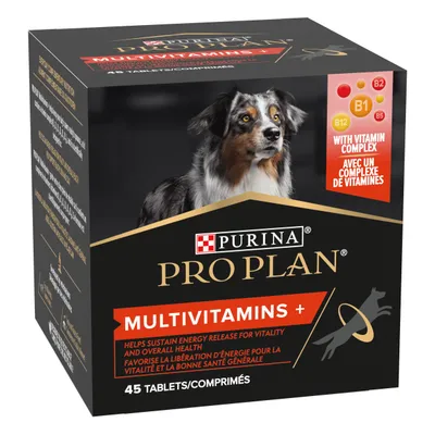 Purina Pro Plan Multivitamins+ for dogs, 45 tablets. With vitamin complex B1, B2, B5, B12. Helps sustain energy release for vitality and overall health. Text also in French.