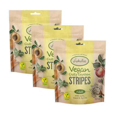 Lukullus Vegan Oatly Garden Stripes, Adult, z jabolkom, korenjem in marelico, 125g. Vidna veganska oznaka.