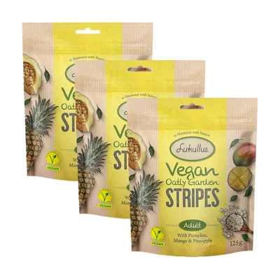 Lukullus Vegan Oatly Garden Stripes, Adult, s bučo, mangom in ananasom, 125g. Z videno vegansko oznako.