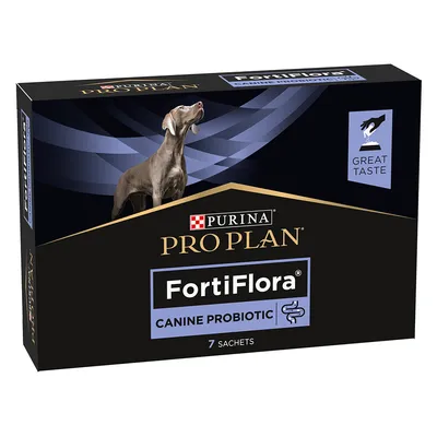 Purina Pro Plan FortiFlora Canine Probiotic, 7 Sachets. Great Taste. Verpackung mit Hund und Darmgesundheits-Symbol.