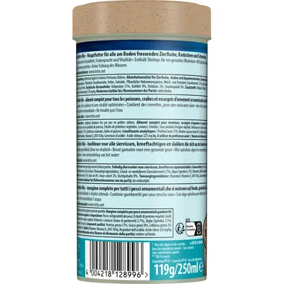 Fish food container, back label with product info in multiple languages, barcode 4004218128996, net weight 119g/250ml, visible ingredients and nutritional analysis. Brand not clearly shown.