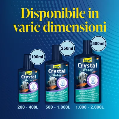 Tetra Crystal Water disponibile in 100 ml, 250 ml e 500 ml. Elimina la torbidità in poche ore. Resa: 200-400 L, 500-1.000 L, 1.000-2.000 L. Tetra Crystal Water disponibile in 100 ml, 250 ml e 500 ml. Elimina la torbidità in poche ore. Resa: 200-400 L, 500-1.000 L, 1.000-2.000 L.