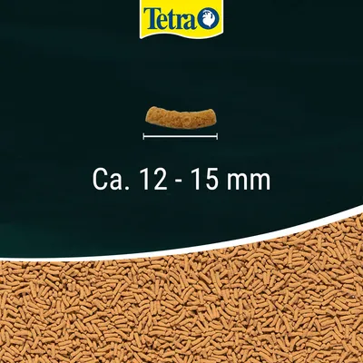 Tetra, mangime in pellet con dimensione indicata: ca. 12–15 mm. Immagine dei pellet e dettaglio di un singolo pezzo.