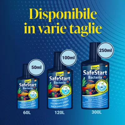 Tetra SafeStart Batteri disponibile in 50 ml, 100 ml e 250 ml. Permette l'introduzione dei pesci subito dopo l'allestimento per acquari da 60 l, 120 l e 300 l. Tetra SafeStart Batteri disponibile in 50 ml, 100 ml e 250 ml. Permette l'introduzione dei pesci subito dopo l'allestimento per acquari da 60 l, 120 l e 300 l.