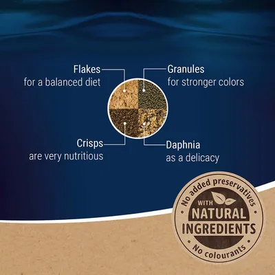 Flakes, Granules, Crisps, Daphnia összetevők képekkel; angol szöveg: for a balanced diet, for stronger colors, are very nutritious, as a delicacy. With natural ingredients pecsét.