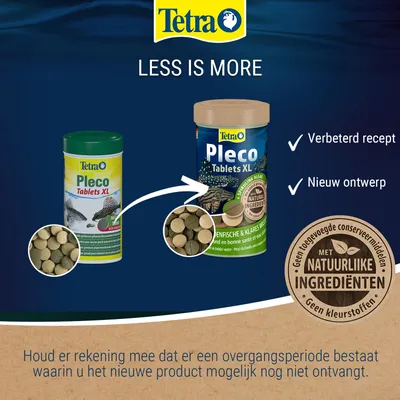 Tetra Pleco Tablets XL oud en nieuw design, met vermelding van verbeterd recept, nieuw verpakkingsontwerp en natuurlijke ingrediënten zonder toegevoegde conserveermiddelen of kleurstoffen.