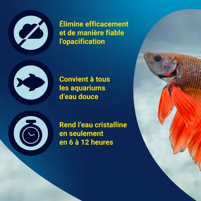 Élimine efficacement la turbidité de l'eau, convient à tous les aquariums d'eau douce, rend l'eau cristalline en 6 à 12 heures. Élimine efficacement la turbidité de l'eau, convient à tous les aquariums d'eau douce, rend l'eau cristalline en 6 à 12 heures.