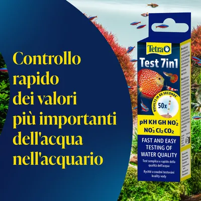 Tetra Test 7in1 per acqua dell'acquario, misura pH, KH, GH, NO2, NO3, Cl2, CO2. Controllo rapido dei principali parametri dell'acqua, risultato in 60 secondi, 50 test.