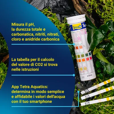 Misura pH, durezza totale, durezza carbonatica, nitriti, nitrati, cloro e anidride carbonica. Tabella CO2 nelle istruzioni. App Tetra Aquatics per la determinazione dei valori dell’acqua tramite smartphone.