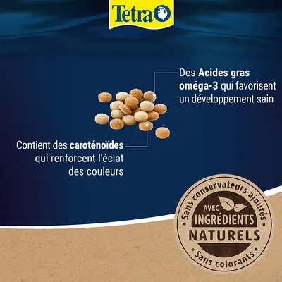 Tetra. Des acides gras oméga-3 qui favorisent un développement sain. Contient des caroténoïdes qui renforcent l’éclat des couleurs. Avec ingrédients naturels, sans colorants ni conservateurs ajoutés.