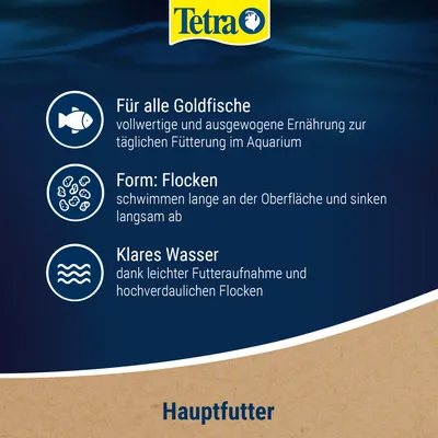 Tetra Hauptfutter für Goldfische. Vollwertige Ernährung, Flockenform schwimmt lange und sinkt langsam. Fördert klares Wasser durch leichte Aufnahme und hochverdauliche Flocken.