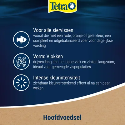 Tetra hoofdvoer voor siervissen, in vlokvorm, ondersteunt een intense kleurintensiteit en is geschikt voor gemengde vispopulaties. Volledig voer voor dagelijkse voeding.