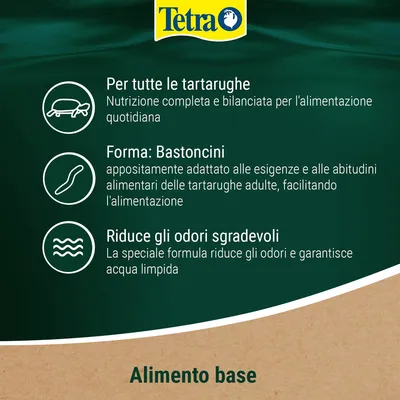 Tetra. Per tutte le tartarughe: nutrizione completa e bilanciata. Forma: bastoncini, facilita l'alimentazione. Riduce gli odori sgradevoli, acqua limpida. Alimento base.