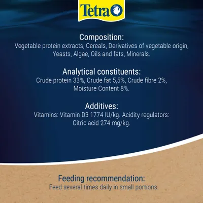 Tetra. Composition: vegetable proteins, cereals, algae, oils, minerals. Analytical constituents: protein 33%, fat 5.5%, crude fibre 2%, moisture 8%. Feeding recommendation: several times daily in small portions. Tetra. Composition: vegetable proteins, cereals, algae, oils, minerals. Analytical constituents: protein 33%, fat 5.5%, crude fibre 2%, moisture 8%. Feeding recommendation: several times daily in small portions.