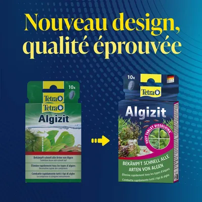 Tetra Algizit : Comparaison de l'ancien et du nouveau design d'emballage. Élimine rapidement tous types d'algues, les comprimés se dissolvent rapidement. Tetra Algizit : Comparaison de l'ancien et du nouveau design d'emballage. Élimine rapidement tous types d'algues, les comprimés se dissolvent rapidement.
