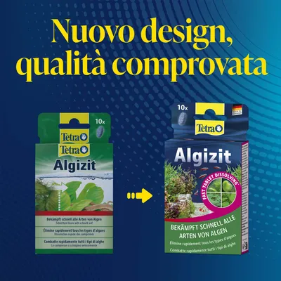 Tetra Algizit Confronto delle confezioni: nuovo design, qualità comprovata. Combatte rapidamente tutti i tipi di alghe, le compresse si dissolvono velocemente. Tetra Algizit Confronto delle confezioni: nuovo design, qualità comprovata. Combatte rapidamente tutti i tipi di alghe, le compresse si dissolvono velocemente.