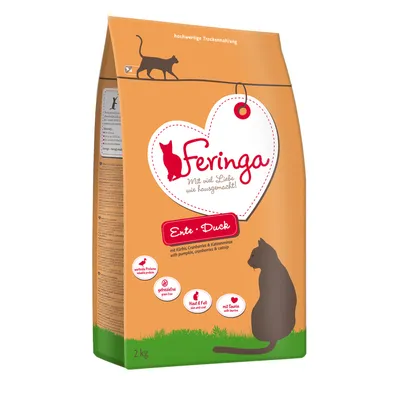 Feringa Trockenfutter für Katzen, Sorte Ente. Mit Kürbis, Cranberries und Katzenminze. Getreidefrei, mit Taurin, unterstützt Haut und Fell. Packungsgröße: 2 kg.
