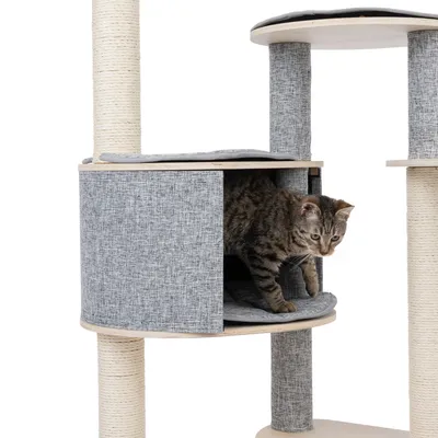 Arbre à chat en tissu gris avec poteaux en sisal, niche fermée et coussin, chat tigré sortant de la niche. Plusieurs plateformes visibles.