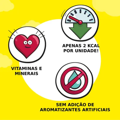 Vitaminas e minerais, apenas 2 kcal por unidade, sem adição de aromatizantes artificiais. Texto em português.