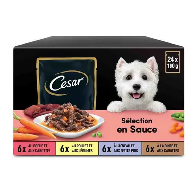 Cesar Sélection en Sauce, 24 x 100 g : 6x bœuf et carottes, 6x poulet et légumes, 6x agneau et petits pois, 6x dinde et carottes. Texte visible sur l’emballage.
