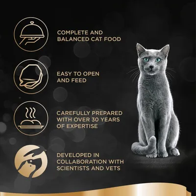 Testo in inglese: complete and balanced cat food, easy to open and feed, carefully prepared with over 30 years of expertise, developed in collaboration with scientists and vets.