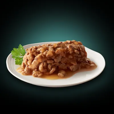 Portion de pâtée en sauce pour animaux servie sur une assiette blanche, garnie d'une feuille de persil. Aucun emballage ou marque visible.