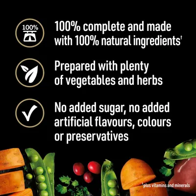 Testo in inglese: 100% complete and made with 100% natural ingredients. Prepared with plenty of vegetables and herbs. No added sugar, no added artificial flavours, colours or preservatives.