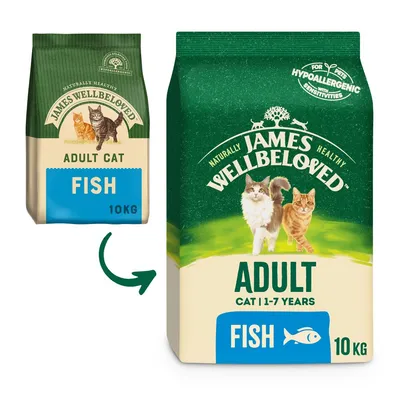 James Wellbeloved Adult Cat Fish 10 kg, synlig tekst: 'FOR PETS HYPOALLERGENIC WITH SENSITIVITIES', billede af to katte på emballagen. Ny og gammel pakke vises.