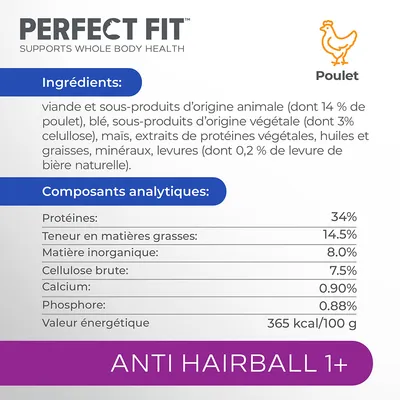Perfect Fit Poulet Anti Hairball 1+ ; ingrédients : viande et sous-produits animaux (14 % poulet), blé, végétaux, maïs ; protéines 34 %, matières grasses 14,5 %, énergie 365 kcal/100 g.