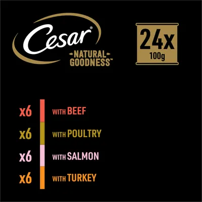 Cesar Natural Goodness, 24 x 100g. Includes 6 with beef, 6 with poultry, 6 with salmon, and 6 with turkey.