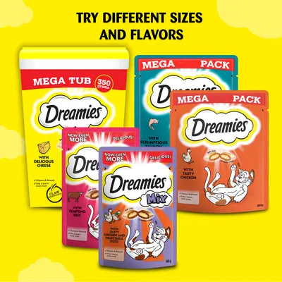 Dreamies treats available in different sizes and flavours: cheese, salmon, chicken, beef, and duck. Text reads 'Try different sizes and flavours.'