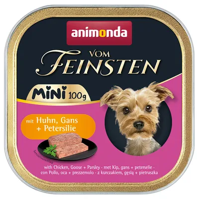 Animonda Vom Feinsten Mini 100g with chicken, goose and parsley. Serving suggestion shown.